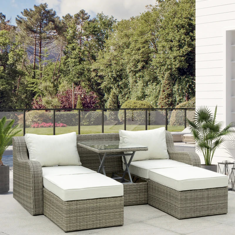 Outsunny 3 Pieces Wicker Patio Furniture Set with Liftable Middle Table, Aluminum Frame Full Assemblied Outdoor Sectional Conversation Sofa Set with 4" Thick Padded Cushions, Beige