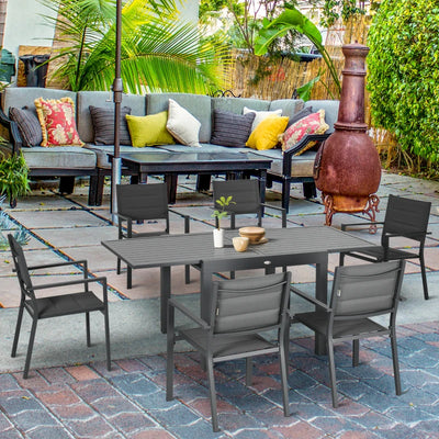 Outsunny 7 Pieces Patio Dining Set for 6, Aluminum Expandable Outdoor Table, Stackable High Back Chair, Mesh Fabric Seats, Dark Gray 