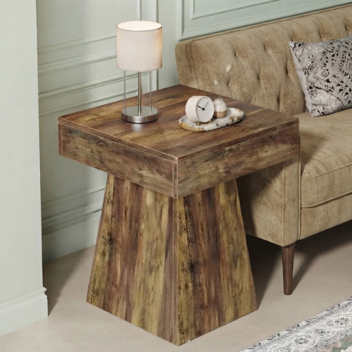 19.7" Mushroom Shape Side Table, Rustic Square End Table with Wide Pedestal Base for Living Room, Bedroom & Office