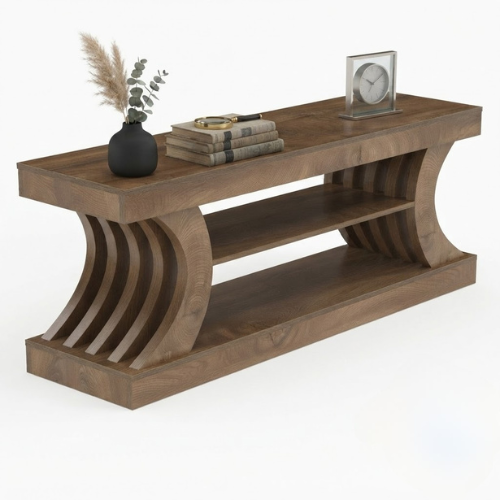 TV Stand 63" Entertainment Center with 3-Tier Storage Shelf for TVs up to 75" with Curved Side Supports and Open Shelves Brown