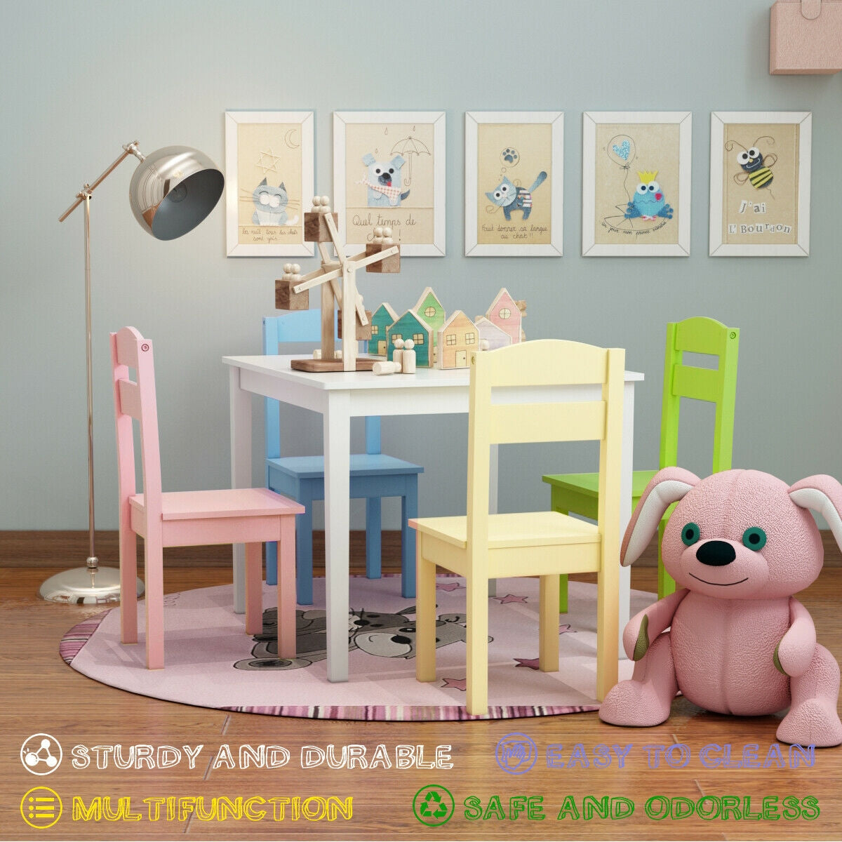 5 Pieces Kids Pine Wood Table Chair Set-Clear