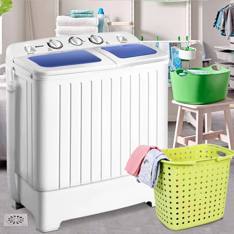 Semi-Automatic 26 lb Twin Tub Portable Washing Machine with Drain Pump, Blue