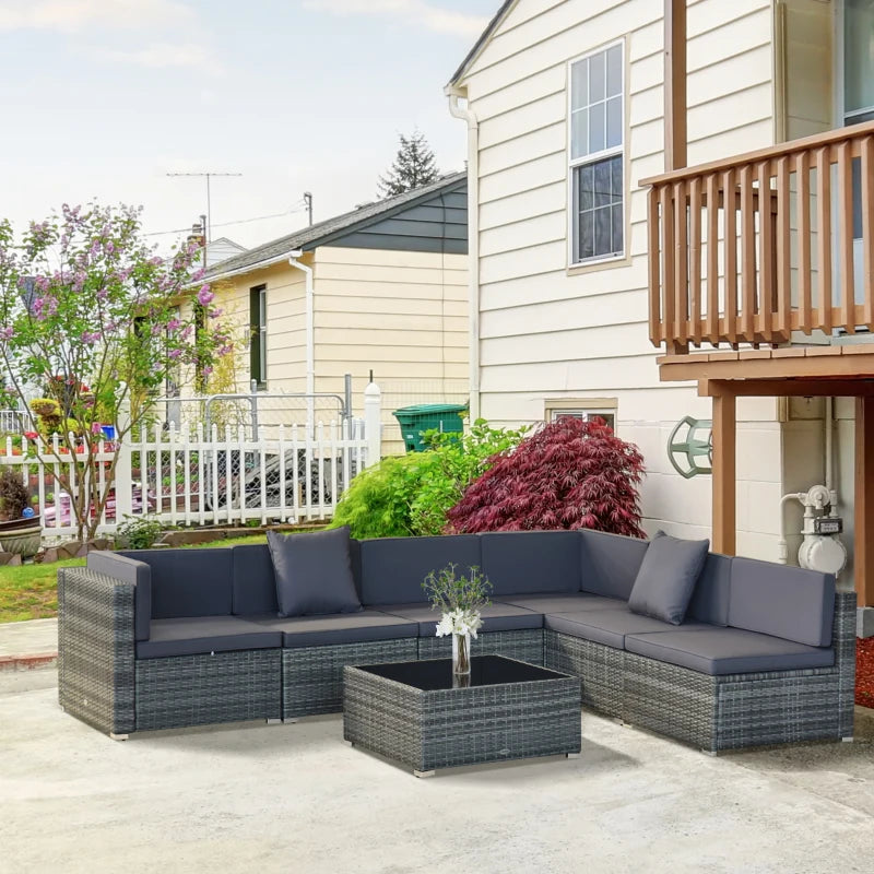 Outsunny 7pc Garden Wicker Sectional Set w/ Tea Table Patio Rattan Lounge Sofa with Cushion, Dark Grey