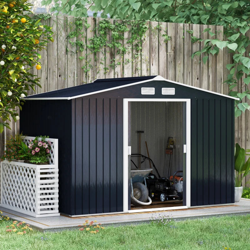 Outsunny 9.1' x 6.4' x 6.3' Garden Storage Shed w/Foundation Kit Outdoor Patio Yard Metal Tool Storage House w/ Double Doors