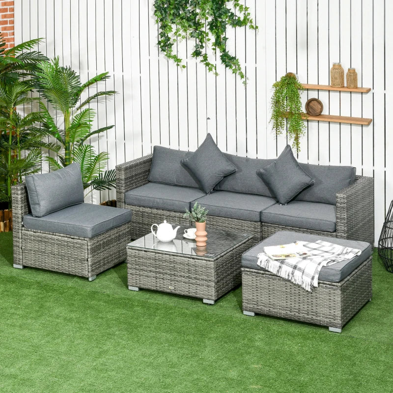 Outsunny 6 Pieces Outdoor PE Rattan Wicker Patio Furniture Sofa Set with Thick Cushions, Deluxe Garden Sectional Couch with Glass Top Table, Mixed Grey and Dark Grey