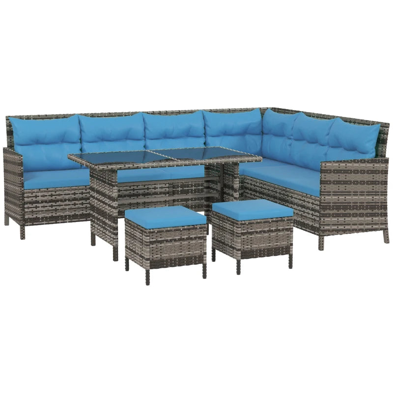 Outsunny 6pcs Outdoor Rattan Sofa Set Garden Wicker Sectional Couch Furniture Set with Dining Table and Chair Blue