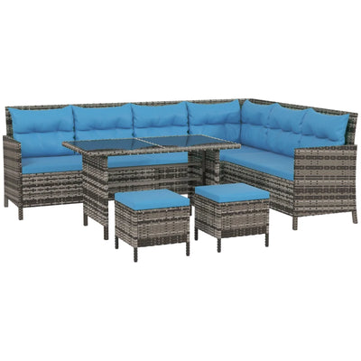 Outsunny 6pcs Outdoor Rattan Sofa Set Garden Wicker Sectional Couch Furniture Set with Dining Table and Chair Blue 