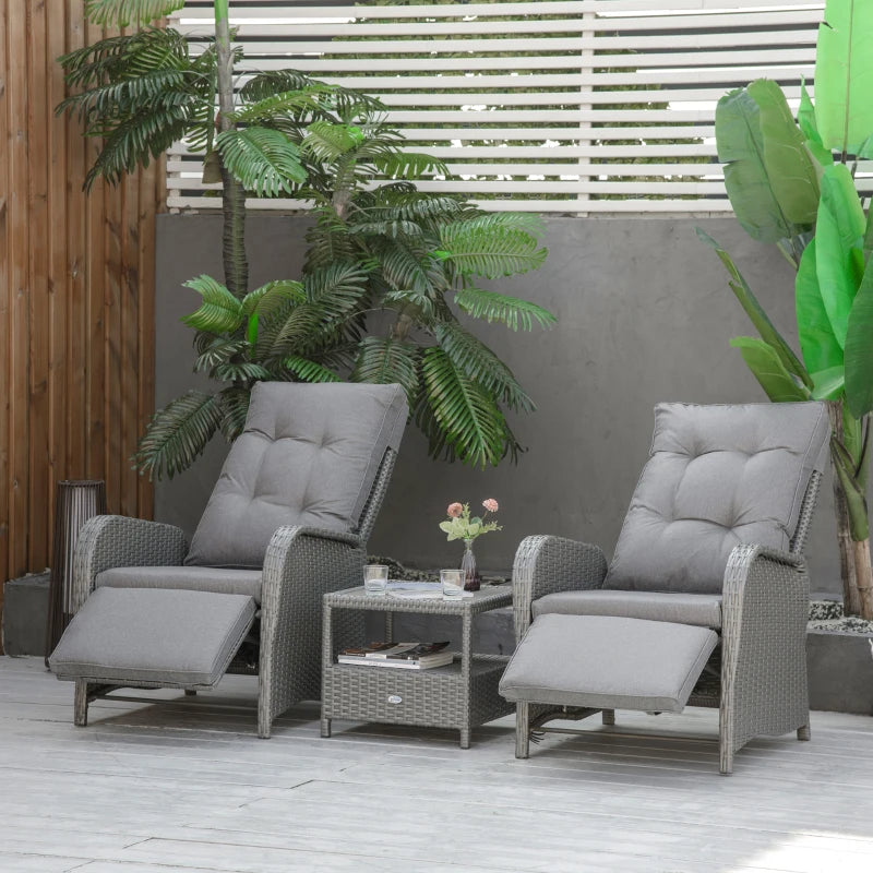 Outsunny 3 Pieces Patio Wicker Bistro Set, PE Rattan Coffee Table & Adjustable Recline Chairs Furniture Set with Cushions and Wood Grain Plastic Top, Grey