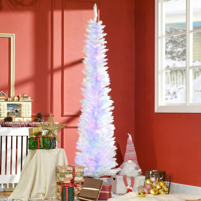 HOMCOM 6ft Pre-Lit Pencil Artificial Christmas Tree – Colourful Surface Tips with Colourful LED Lights, White 