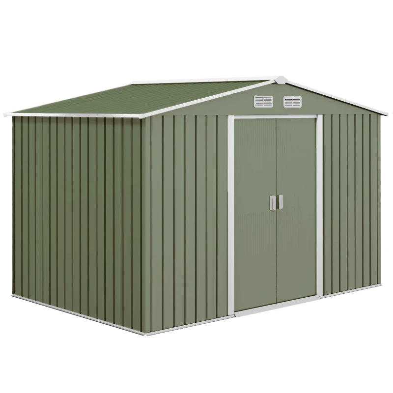 Outsunny 9.1'x6.4'x6.3' Garden Storage Shed w/ Floor Foundation Metal Tool Storage House w/ Double Doors Light Green