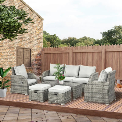 Outsunny 6 Pieces Patio Furniture Set, Conversation Set Wicker Sectional Set Cushioned Outdoor Rattan 3-Seat Sofa, 2 Adjustable Recliners, 2 Footstools & Table Set for Lawn Garden Backyard, Light Grey 