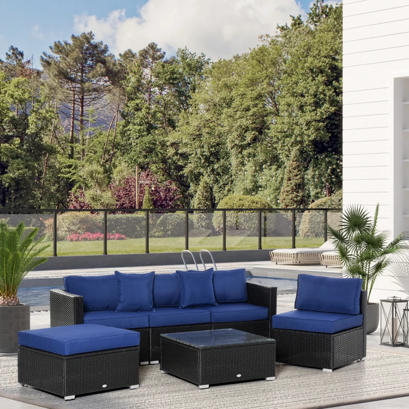 Outsunny 6 Pieces Outdoor PE Rattan Wicker Patio Furniture Sofa Set with Thick Cushions, Deluxe Garden Sectional Couch with Glass Top Table, Black and Dark Blue