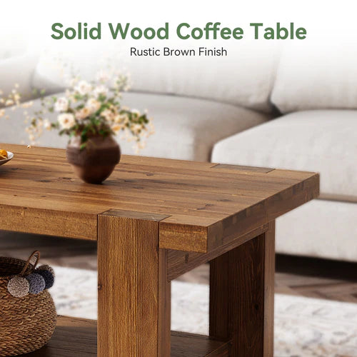 Wood Coffee Table 47.2" Solid Wood Rectangle Center Table with 2-Tier Storage Shelf and Thick Tabletop Rustic Brown