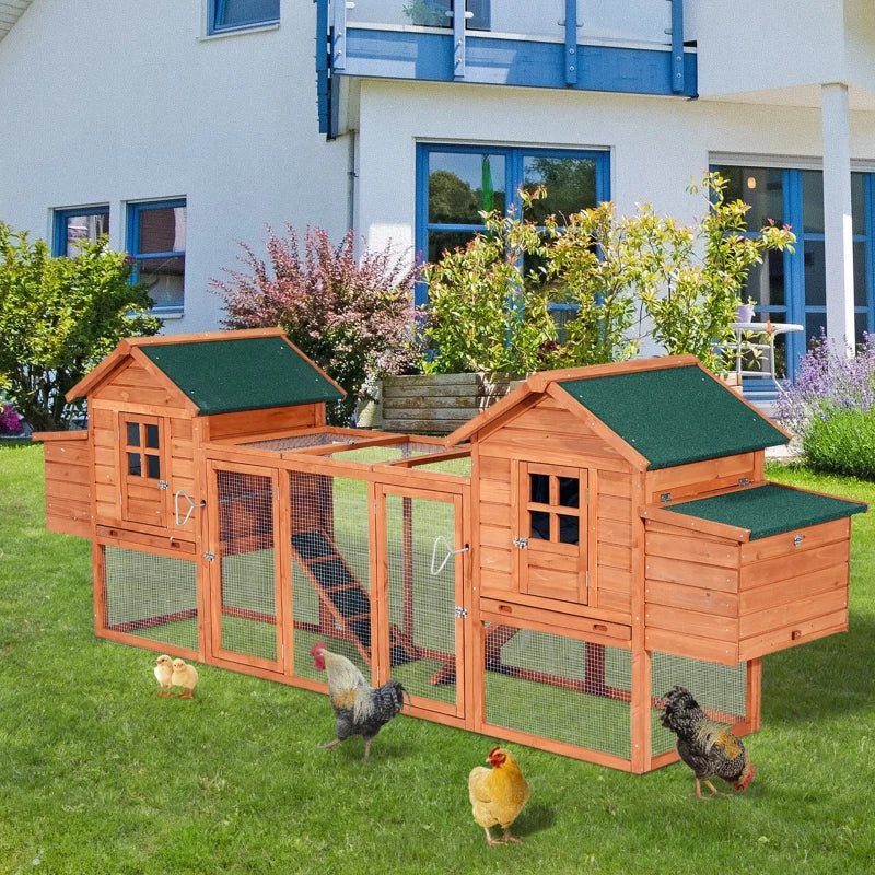 PawHut 123" Dual Chicken Coop Wooden Large Chicken House Rabbit Hutch Hen Poultry Cage Backyard with Outdoor Ramps and Nesting Boxes