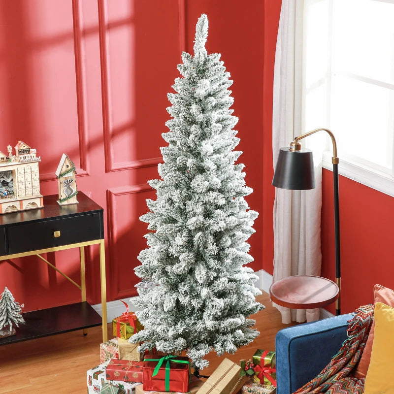 HOMCOM 6ft Pencil Flocked Christmas Tree – 479 Branch Tips with Metal Base, Indoor Holiday Decoration 