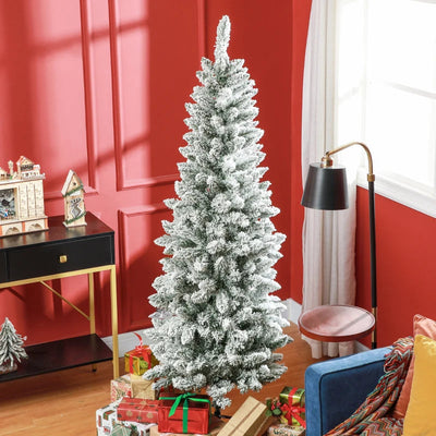 HOMCOM 6ft Pencil Flocked Christmas Tree – 479 Branch Tips with Metal Base, Indoor Holiday Decoration 