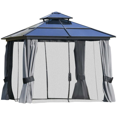 Outsunny 10'x10' Hardtop Patio Gazebo Aluminum Gazebo Deck Canopy with Double Tier Roof, Curtains, Netting Sidewalls, Black & Grey 