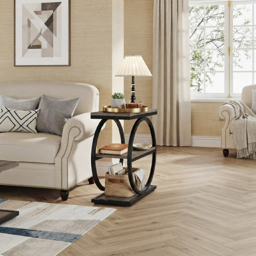 End Table 3-Tier Industrial Sofa Side Table with Round Metal Frame and Storage Shelves for Living Room Bedroom