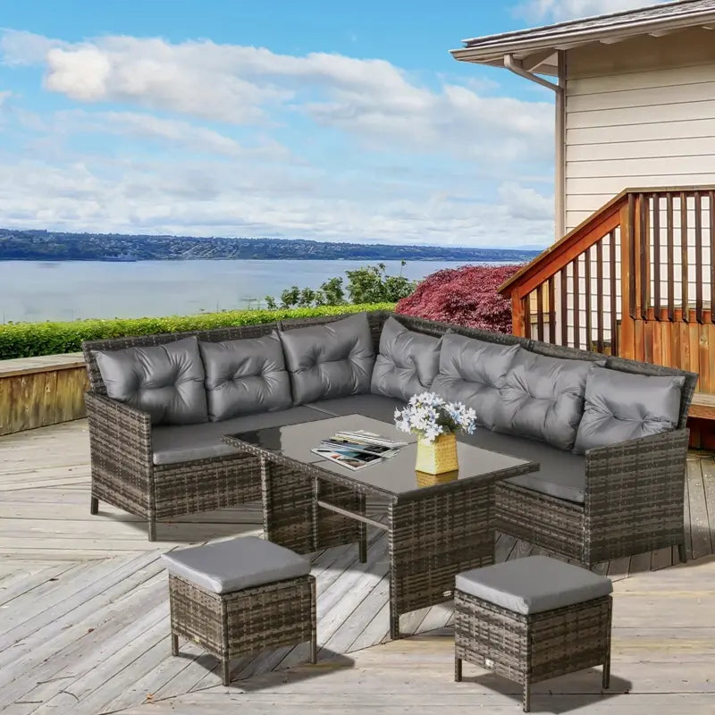 Outsunny 6pcs Outdoor Rattan Sofa Set Garden Wicker Sectional Couch Furniture Set with Dining Table and Chair Dark Grey