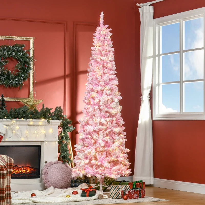 HOMCOM 7.5ft Prelit Snow-Flocked Artificial Christmas Tree – Pencil Shape, 700 Realistic Pine Branches, Warm White LED Lights, Auto Open, Pink & White 