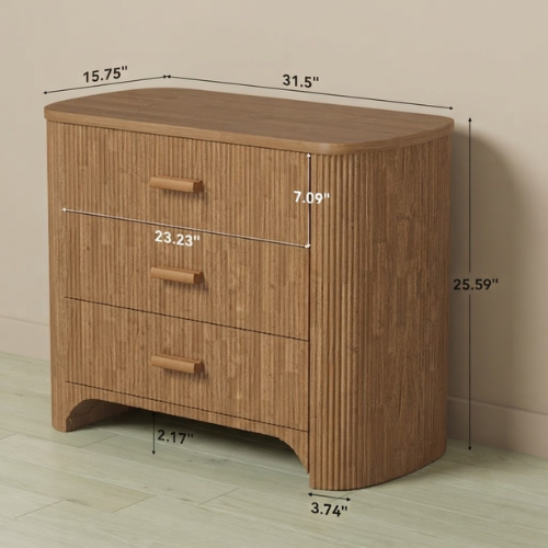 Nightstand 31.5" Oversized Bedside Table with 3 Drawers Mid-Century Modern Fluted Design Wide Storage Cabinet Brown Finish for Bedroom