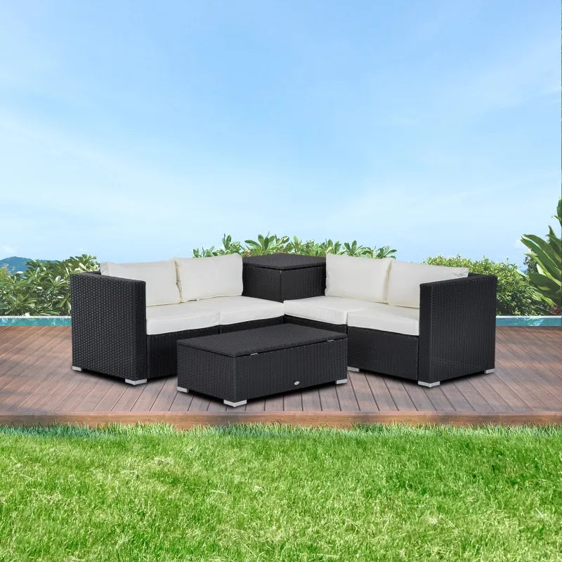 Outsunny 6 Pieces Patio Furniture Set with Cushion, Outdoor PE Rattan Wicker Sectional Conversation Furniture Sofa with Storage Table and Coffee Table, Beige