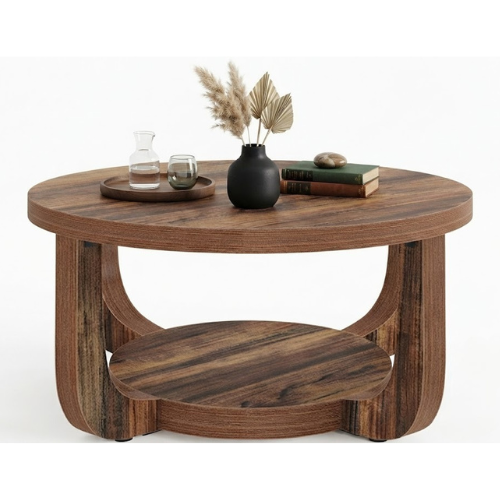 31.5" Round Coffee Table with 2-Tier Storage, Modern Farmhouse Circle Center Table with Thick Wood Top & Rustic Brown Finish