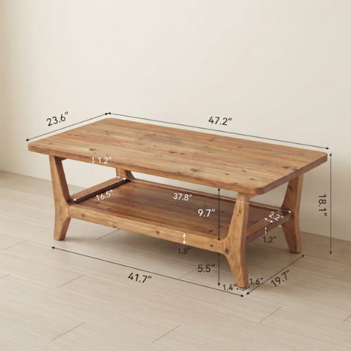 47" Solid Wood Coffee Table with 2-Tier Storage Shelf, Rustic Center Table for Living Room