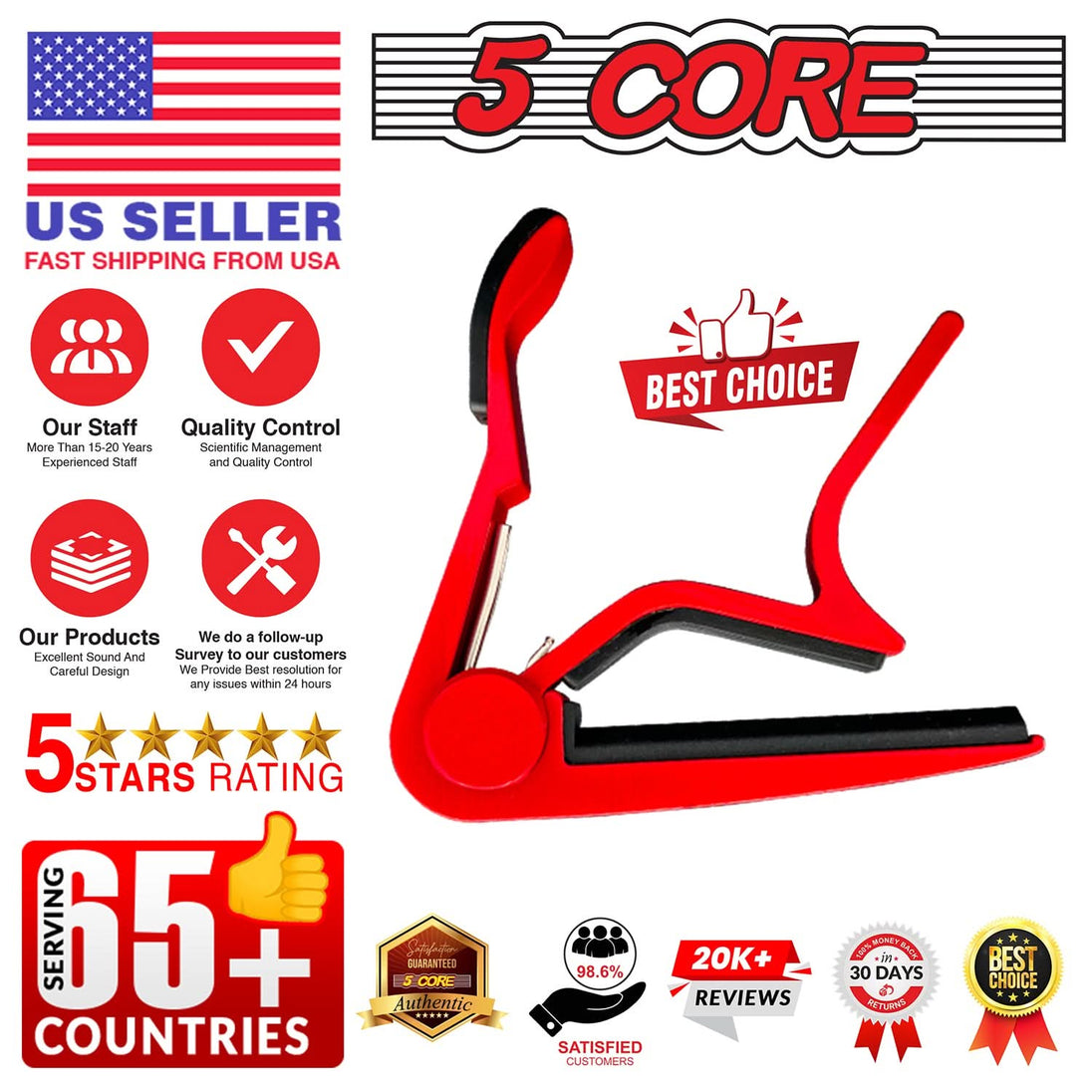 5Core Capo Acoustic Electric Guitar 6 String Kapo Clip For Banjo Mandolin Ukulele RED