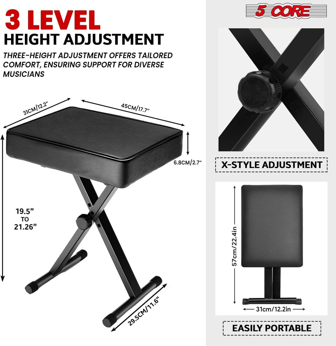 5Core BLACK Keyboard Stand Adjustable z Style Piano Riser + BLACK Keyboard Piano Bench