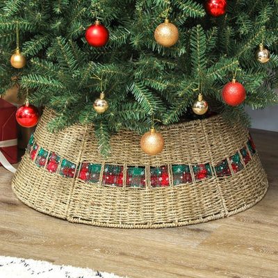 HOMCOM 28" Rustic Rattan Christmas Tree Skirt – Woven Tree Collar for Holiday Home & Party Decoration 