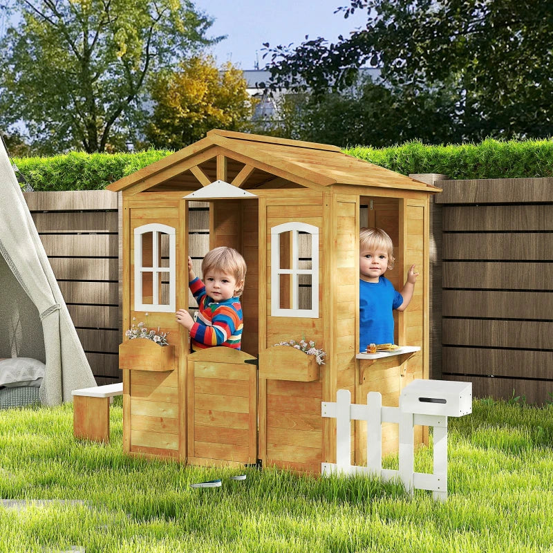 Outsunny Wooden Kids Playhouse – Yellow with Door, Windows, Mailbox, Flower Pot Holder & Serving Station Bench 