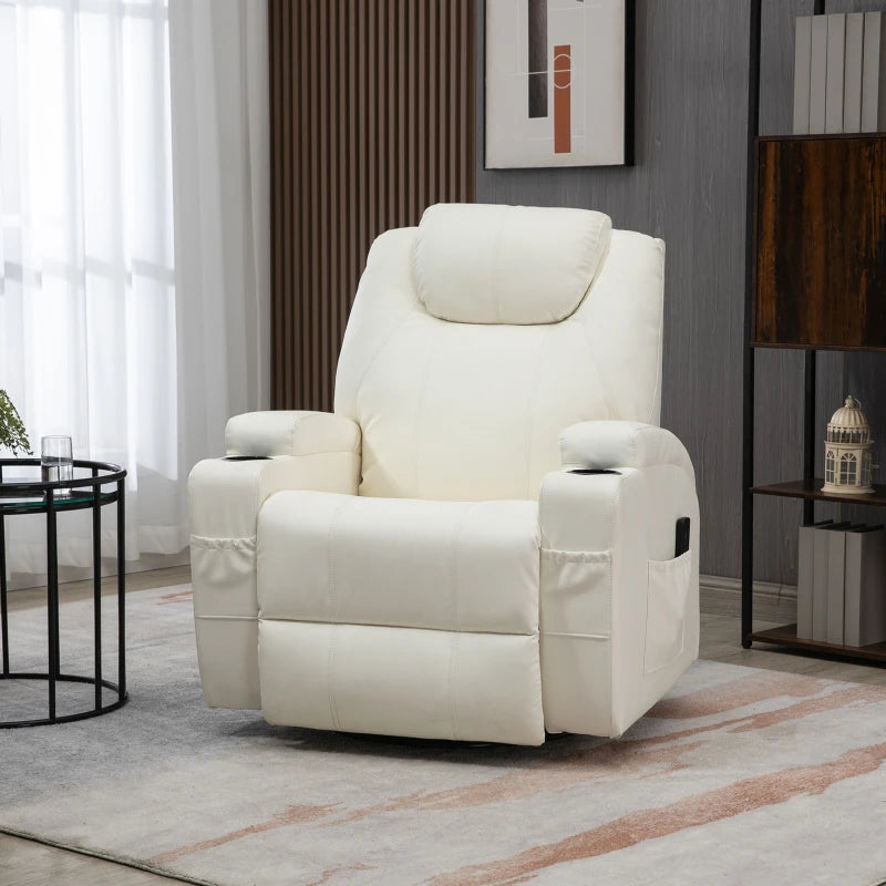 HOMCOM Massage Recliner Chair for Living Room with 8 Vibration Points, PU Leather Swivel Rocker Manual Reclining Chair with Cup Holders, Cream White