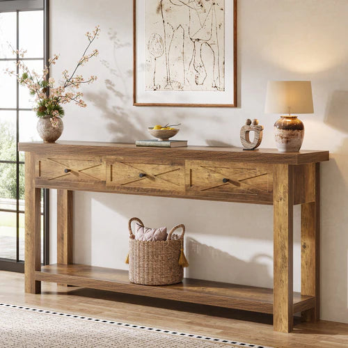 70.9" Farmhouse Console Table with 3 Drawers, Narrow Entryway Sofa Table with Storage Shelf Rustic Brown