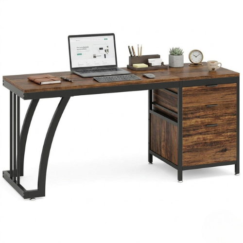 59" Industrial Computer Desk with Reversible Drawer Cabinet for Study & Office