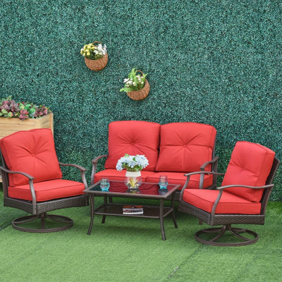 Outsunny 4 PCS Patio PE Rattan Wicker Sofa Set Outdoor Conversation Furniture w/ Two Tier Tea Table & Cushions, Red 