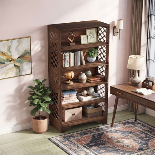 Bookshelf 70.8" Freestanding 6-Tier Bookcase Display Rack with Storage Shelves and X-Shaped Design Brown