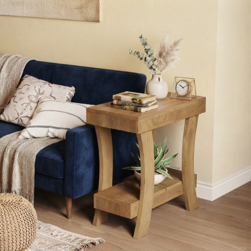 End Table 2-Tier Narrow Rectangular Side Table with Storage Shelf for Small Spaces and Heavy Duty Design Rustic Natural Finish