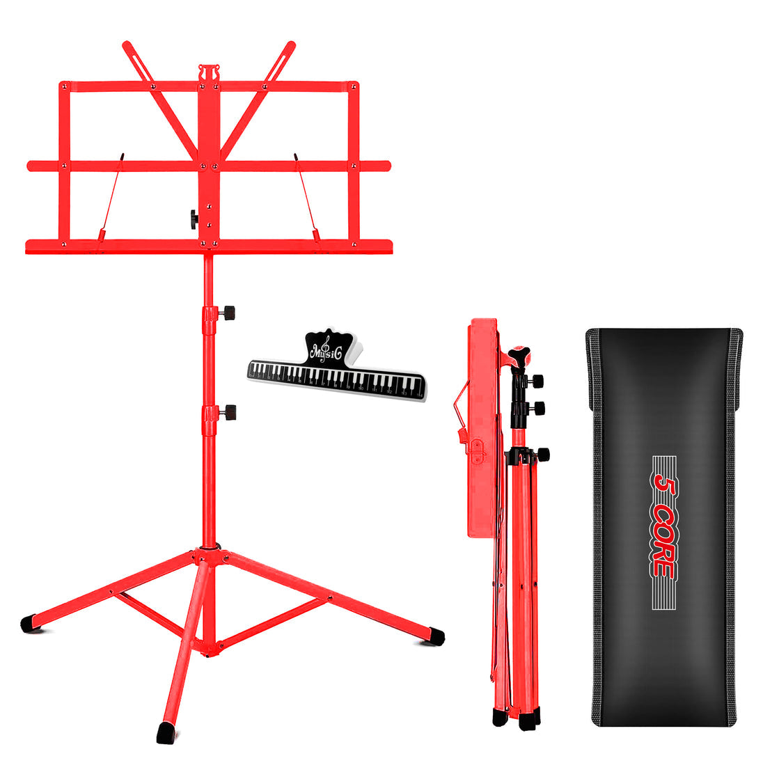 5Core Music Stand For Sheet Music Portable Tripod Adjustable Folding Note Holder RED