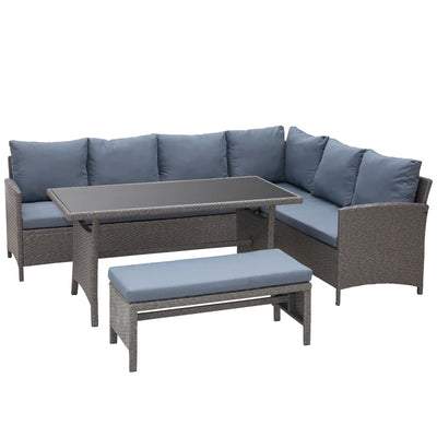 Outsunny 4 Piece Outdoor Patio Rattan Wicker Dining Table Bench Patio Furniture Sofa 