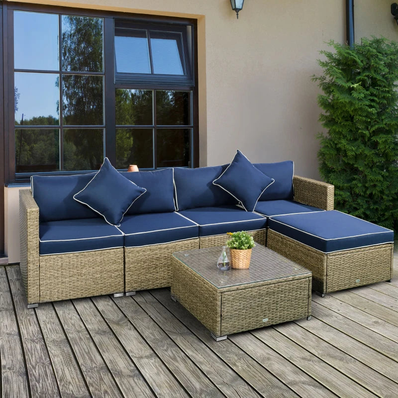 Outsunny 6 Pieces Outdoor PE Rattan Wicker Patio Furniture Sofa Set with Thick Cushions, Deluxe Garden Sectional Couch with Glass Top Table, Yellow and Navy Blue