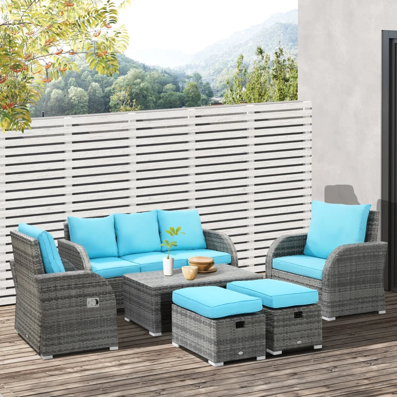 Outsunny 6 Pieces Patio Furniture Set, Conversation Set Wicker Sectional Set Cushioned Outdoor Rattan 3-Seat Sofa, 2 Adjustable Recliners, 2 Footstools & Table Set for Lawn Garden Backyard, Sky Blue