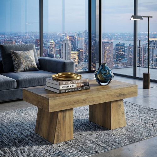 Rustic Farmhouse Coffee Table, 47.24-Inch Rectangular Center Table with Solid Base