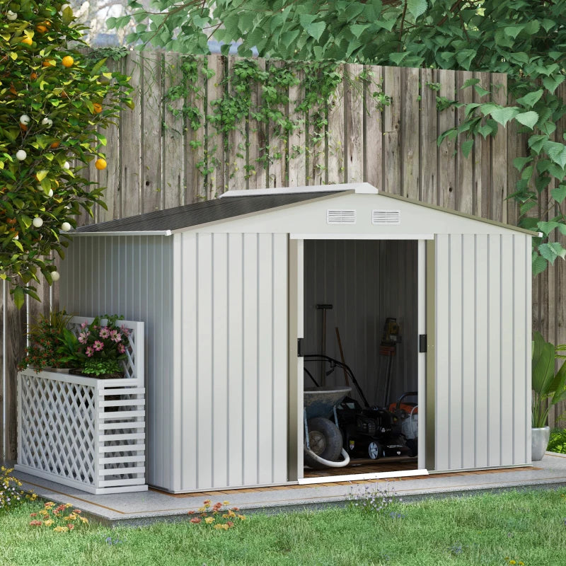 Outsunny 9.1' x 6.4' x 6.3' Garden Storage Shed w/Floor Foundation Outdoor Patio Yard Metal Tool Storage House w/ Double Doors Silver