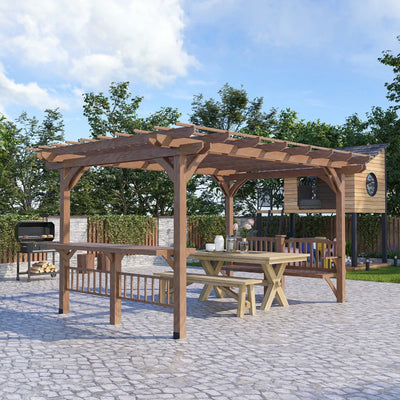 Outsunny 14' x 10' Outdoor Pergola, Wooden Gazebo Grill Canopy with Bar Counters and Seating Benches, for Garden, Patio, Backyard, Deck 
