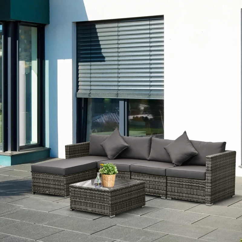 Outsunny 6 Pieces Outdoor PE Rattan Wicker Patio Furniture Sofa Set with Thick Cushions, Deluxe Garden Sectional Couch with Glass Top Table, Mixed Grey and Charcoal