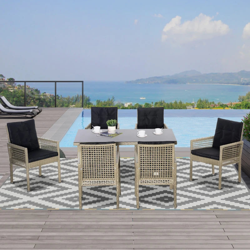 Outsunny 7 Pieces Patio Dining set, Outdoor Furniture Set, Wicker Armrests Chair and Tempered Glass Table Top, Black