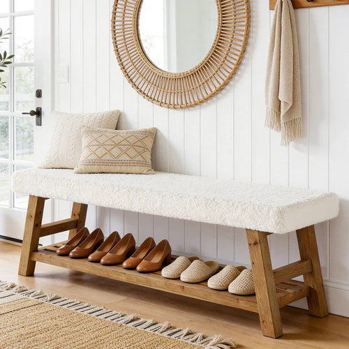 55" Upholstered Entryway Bench, 2-Tier Shoe Storage Bench with Solid Wood Frame and Cushion, White & Brown