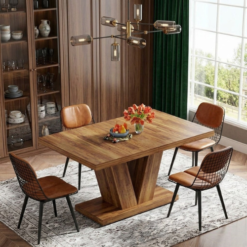 47" Wooden Dining Table with Heavy-Duty Pedestal, Farmhouse Kitchen Table