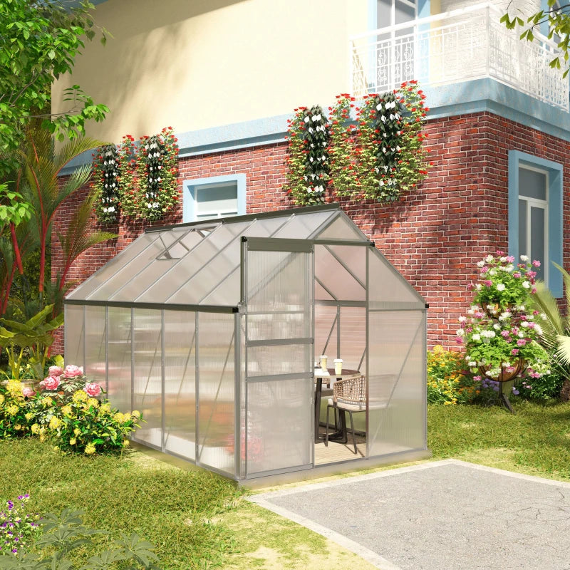 Outsunny 6' x 12' x 6.5' Walk-in Greenhouse, Polycarbonate Greenhouse with Adjustable Roof Vent, Base, Sliding Door, Clear 